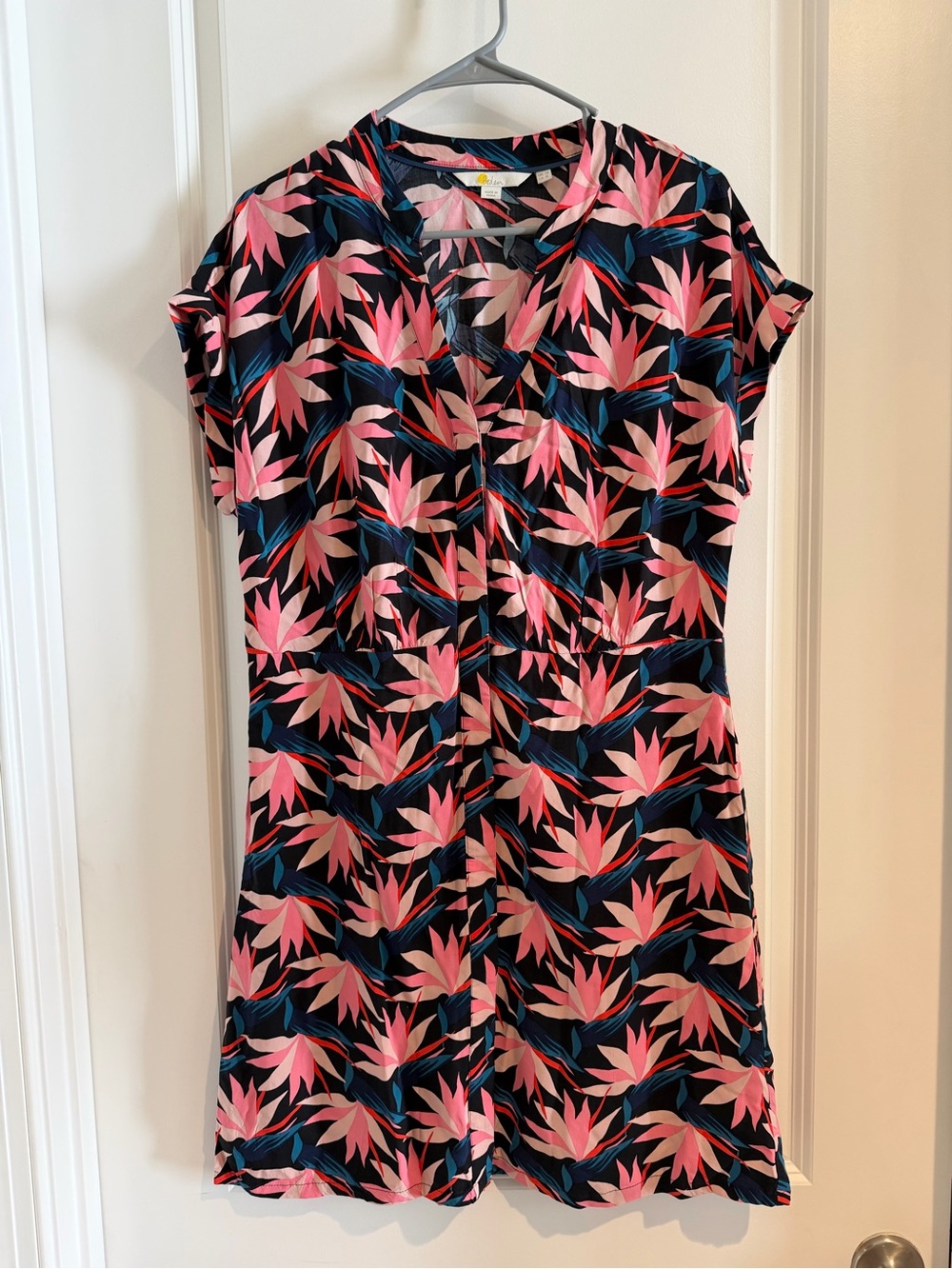 Boden Black Mini Dress with Pink and Blue Leaf Print